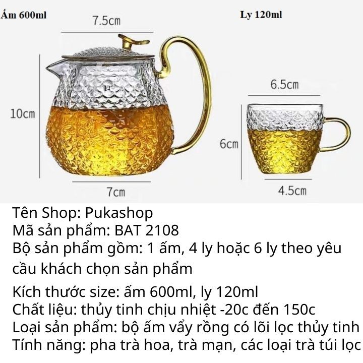 Bộ Ấm Vẩy Cá Ly Thủy Tinh Có Quai Puka BAT2121